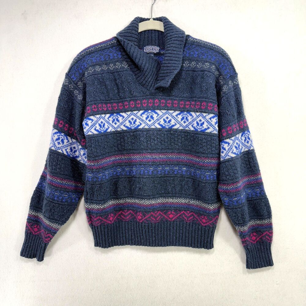 Vintage Lands End Sweater Women S Blue Fair Isle Shetland Wool Scotland 90s